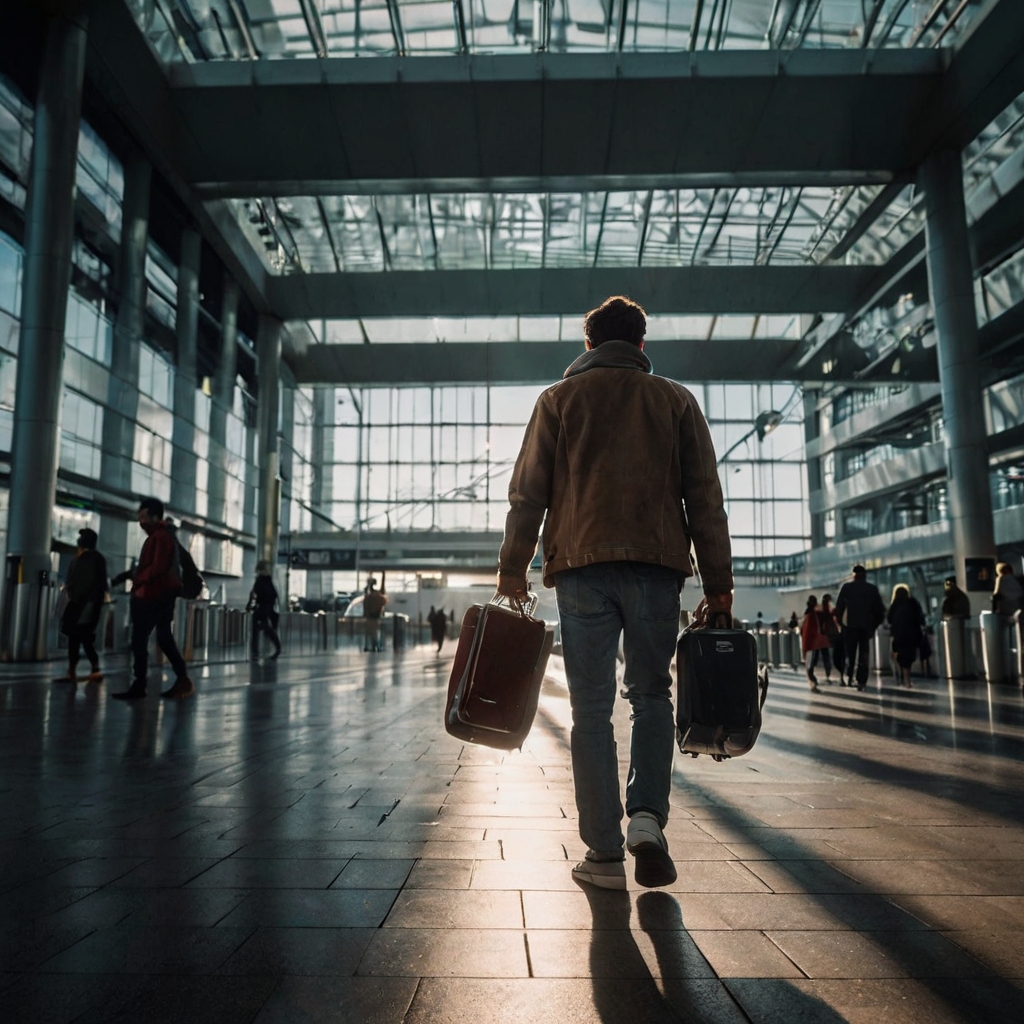 Illustration of a person arriving at a destination, symbolizing the act of reaching a place.